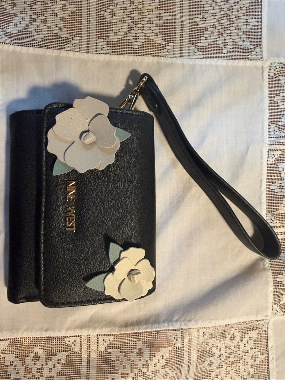 Nine West Black Wristlet Card Holder with Cream Floral Appliqués